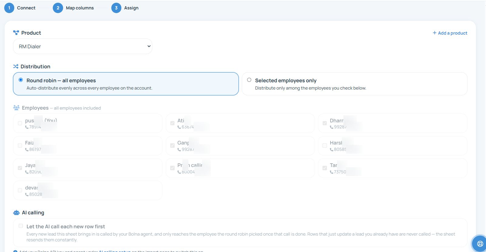 The Web CRM sheet connection at the Assign step: a product picker, distribution set to round robin across all employees or selected employees only, and the list of employees who will receive leads